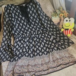 Xhilaration Black Bohemian Style Mini Dress with White Floral Design
